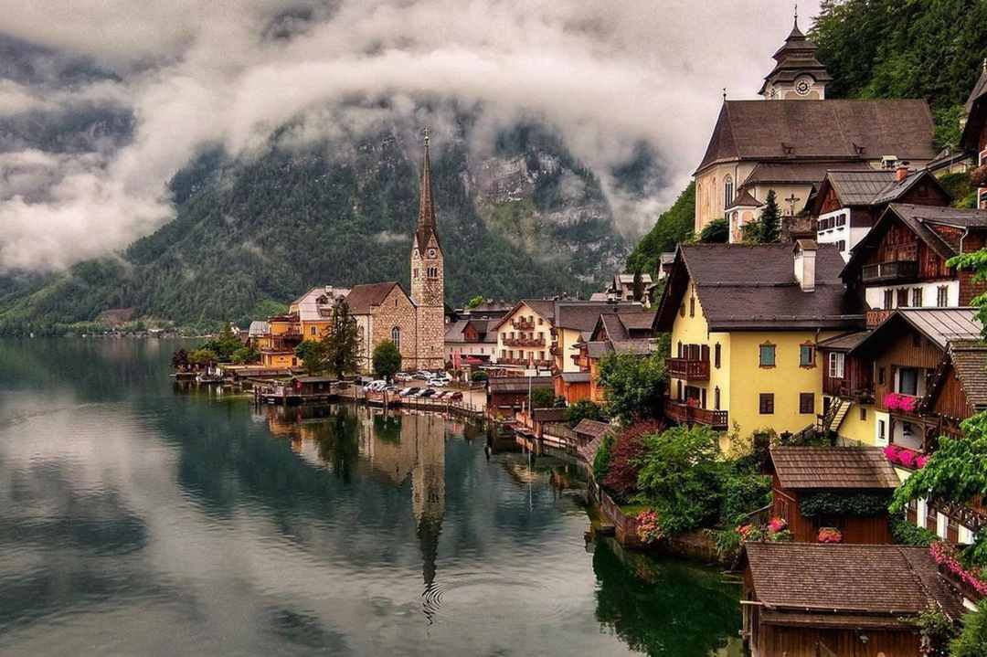 Hallstatt city shrouded in morning mist