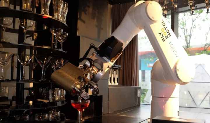 Robot making coffee at FlyZoo hotel, Hangzhou, China