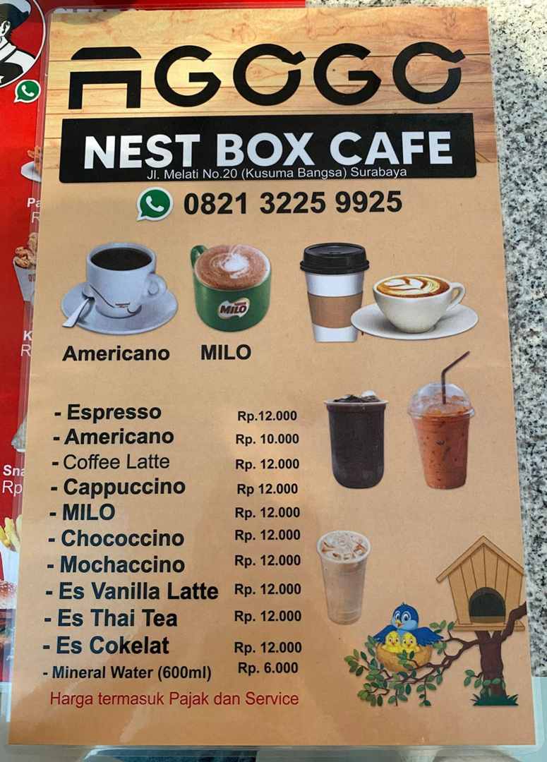 Menu and Price at Nest Box Cafe